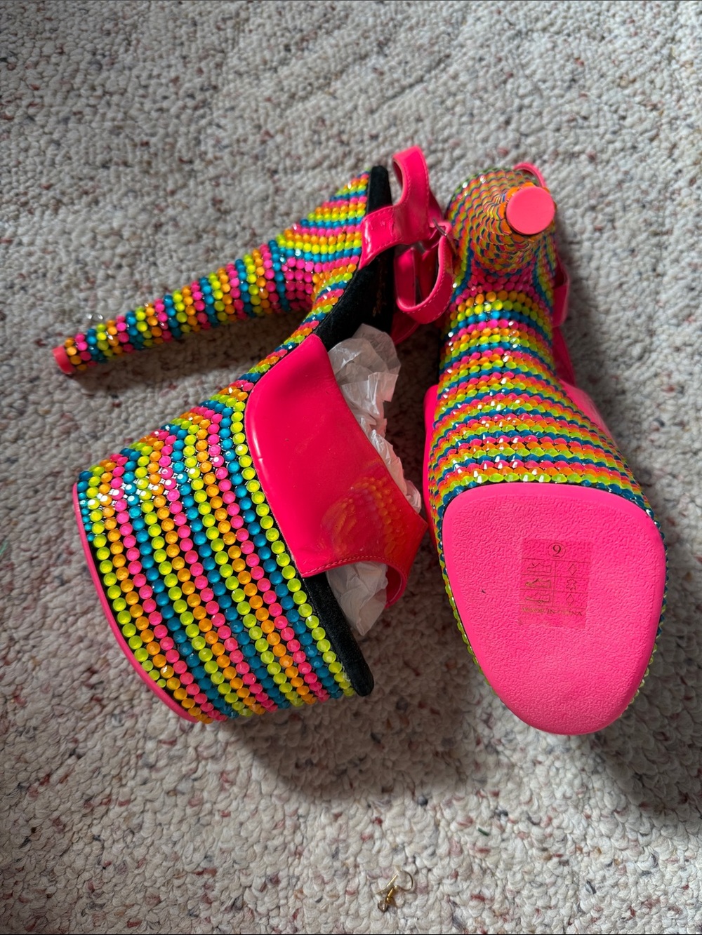 Pleaser Neon Multicolor Beaded Platform Sandals with Hot Pink Accents